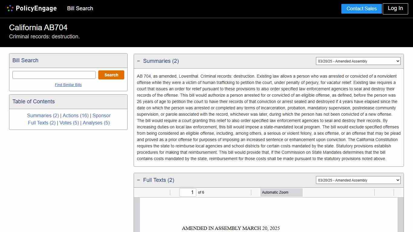AB704 | California 2025-2026 | Criminal records: destruction. - Legislative Tracking | PolicyEngage